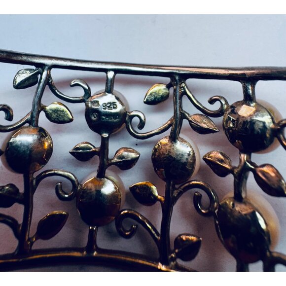 **Vintage 925 Sterling Silver Cuff Bracelet w/ Pearls & Leaf Filigree, Size 6” - Picture 9 of 9